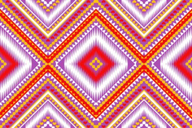 Kusursuz tasarım şablonu, geleneksel geometrik zigzag deseni. Kırmızı damla su kırmızı beyaz mor vektör çizimi tasarımı, soyut kumaş deseni, baskı tekstili için aztek tarzı. 