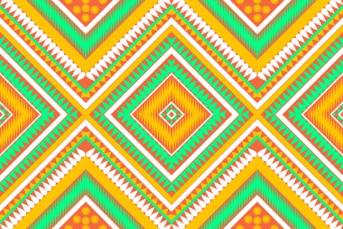 Kusursuz tasarım şablonu, geleneksel geometrik çiçek zigzag deseni Noel yeşil beyaz turuncu vektör çizimi, soyut kumaş deseni, baskı tekstili için aztek tarzı. 