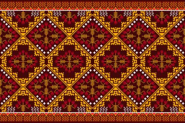 Piksel desenli etnik tasarım kareler birbiriyle bağlantılı kahverengi, sarı, kırmızı, beyaz kumaş halılar, tekstil baskılı materyal duvar kağıtları yatak örtüleri.