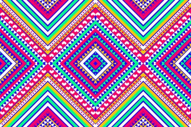 Kusursuz tasarım deseni, kabile geometrik deseni. Mavi Yeşil Sarı Beyaz Pembe vektör çizimi soyut kumaş deseni, baskılar için kabile biçimi, tekstil, duvar kağıdı, halı