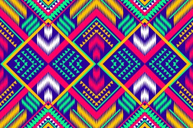 Kusursuz tasarım deseni, kabile geometrik deseni. Mavi Yeşil Sarı Beyaz Pembe vektör çizimi soyut kumaş deseni, baskılar için kabile biçimi, tekstil, duvar kağıdı, halı