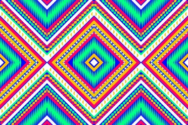 Kusursuz tasarım deseni, kabile geometrik deseni. Mavi Yeşil Sarı Beyaz Pembe vektör çizimi soyut kumaş deseni, baskılar için kabile biçimi, tekstil, duvar kağıdı, halı