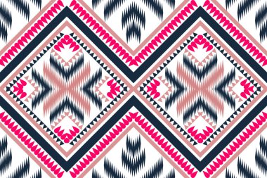 Motif etnik el yapımı güzel Ikat sanatı. Etnik soyut çiçekli pembe arka plan sanatı. Folk nakışı, Peru, Hindistan, Asya, Fas, Türkiye ve Özbek tarzı. Aztek geometrik sanat süsü baskısı.