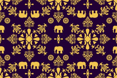 Afrika boho desenli desenli desenli Ikat desenli işlemeli motifler. Etnik faks çiçekli Hint Etnik Mor sarı kumaş desenleri, pantolon desenli yatak çarşafları için dizayn edilmiş.