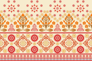 Çiçeksel arkaplan, geometrik oryantal dikişsiz desen, geleneksel mavi, turuncu, sarı arkaplan, halı, duvar kağıdı, giysi, ambalaj, batik, kumaş, taşıyıcı nakış deseni