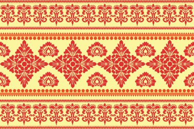 Çiçek arkaplan, kusursuz geometrik desen, geleneksel kırmızı, sarı arkaplan, halı, duvar kağıdı, giysi, ambalaj, kumaş, nakış vektör deseni.