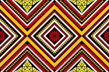 Geometrik desen, arkaplan, halı, duvar kağıdı, giysi, ambalaj, batik, kumaş, nakış vektör deseni için geleneksel kırmızı, sarı tasarım.