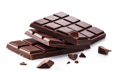 İzole edilmiş beyaz arka planda çikolatalı çikolata. Gıda blogcusu, Vlog, sosyal medya veya reklam içeriği için iyi.