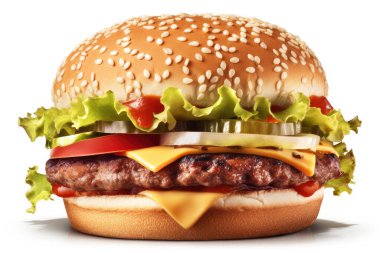 İzole edilmiş beyaz arka planda hamburger. Gıda blogcusu, Vlog, sosyal medya veya reklam içeriği için iyi.