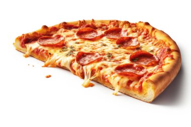 İzole edilmiş beyaz arka planda Pepperoni Half Pizza. Gıda blogcusu, Vlog, sosyal medya veya reklam içeriği için iyi.