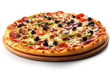 İzole edilmiş beyaz arka planda pizza. Gıda blogcusu, Vlog, sosyal medya veya reklam içeriği için iyi.