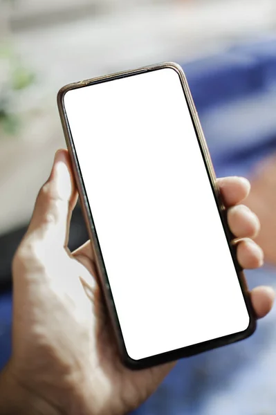 Smartphone Maschio Con Schermo Bianco Moderna Posizione Verticale Senza Cornice — Foto Stock