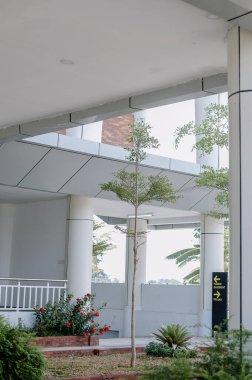 Beyaz ve büyük sütunların kombinasyonu olan modern bir binanın önünde küçük bir bahçe köşesi. Bahçe, görünüşünü güzelleştirmek için bitkiler, küçük ağaçlar ve çiçeklerle süslenir.