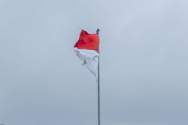 Bu resim Endonezya 'nın görkemli bayrağı Merah Putih' i yakalıyor, en uzun bayrak direğinin üzerinde gururla dalgalanırken, dramatik bir bulutlu arka plan üzerine kurulmuş.