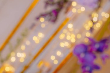 Bulanık arka plan, çiçeklerle süslenmiş güzel dekorasyon ışıkları. Koyu ve açık renkli kontrastlı görüntüler ve yumuşak ışık. Soyut