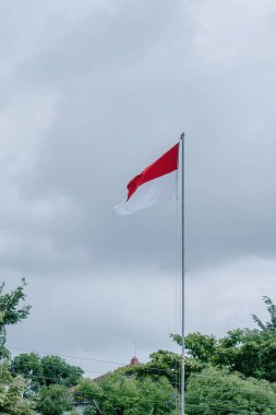 Bu resim Endonezya 'nın görkemli bayrağı Merah Putih' i yakalıyor, en uzun bayrak direğinin üzerinde gururla dalgalanırken, dramatik bir bulutlu arka plan üzerine kurulmuş.