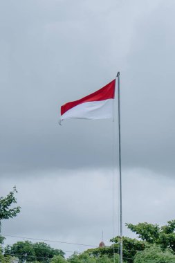 Bu resim Endonezya 'nın görkemli bayrağı Merah Putih' i yakalıyor, en uzun bayrak direğinin üzerinde gururla dalgalanırken, dramatik bir bulutlu arka plan üzerine kurulmuş.