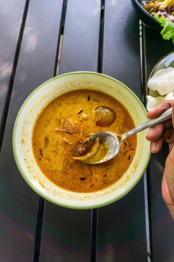 Bir insanın eli kaşığı tutuyor, lezzetli ve iştah açıcı Minapadi Körili Tavuk yemeğinin tadını çıkarıyor.