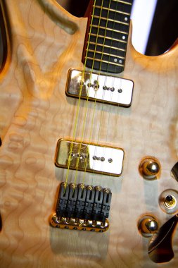 Yankesicisi ve altın donanımı olmayan, humbucker pikaplı, katı kahverengi bir elektro gitarı kapat..