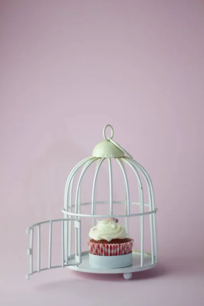 Cupcake Com Creme Queijo Dentro Uma Pequena Gaiola Pássaro Branco — Fotografia de Stock