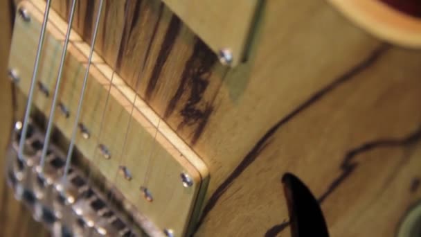 Zbliżenie Hollow Body Naturalne Brązowe Drewno Gitara Elektryczna Przetworniki Humbucker — Wideo stockowe