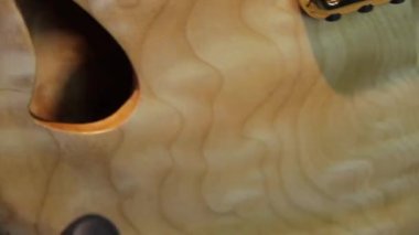 Yankesicisi ve altın donanımı olmayan, humbucker pikaplı, katı kahverengi bir elektro gitarı kapat..