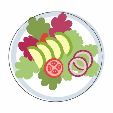 Vektör sebze salatası. Organik. Tabakta sebze salatası. Kasede sebze salatası. Salata karikatürü çizimi.