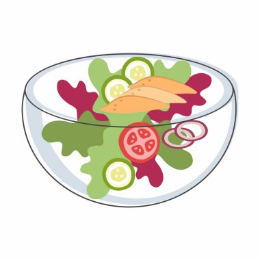 Vektör sebze salatası. Organik. Tabakta sebze salatası. Kasede sebze salatası. Salata karikatürü çizimi.