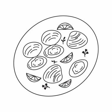 Deniz ürünleri. Vektör deniz ürünleri. Şirin. Çizgi film yemek çizimi.