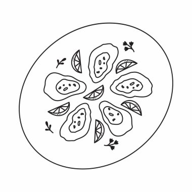 Deniz ürünleri. Vektör deniz ürünleri. Şirin. Çizgi film yemek çizimi.