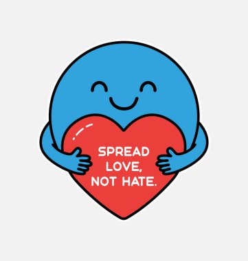 Sevimli, mavi bir çizgi film karakteri dostça bir gülümsemeyle kırmızı bir kalbi kucaklıyor ve cesaretle 'Sevgiyi Aç, Nefret Etme' mesajını veriyor. Bu tasarım pozitifliği ve birliği teşvik eder..