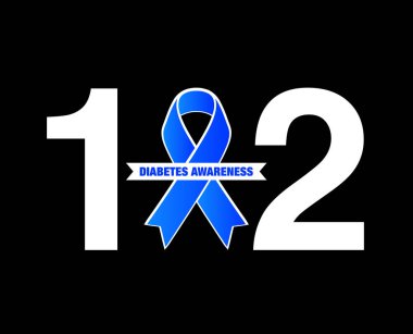 '1' ve '2' sayıları, 'Diyabet Farkındalığı' nın yazılı olduğu belirgin bir mavi kurdelenin yan tarafında. Bu grafik diyabete karşı verilen mücadeleyi güçlü bir şekilde temsil ediyor ve farkındalığı artırıyor..