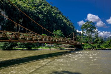 Dağ nehri üzerindeki ormandaki asma köprü.