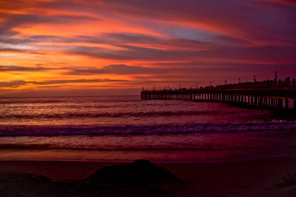 Sunset Pier Beautiful Ocean Waves Long Exposure — Stock Photo, Image