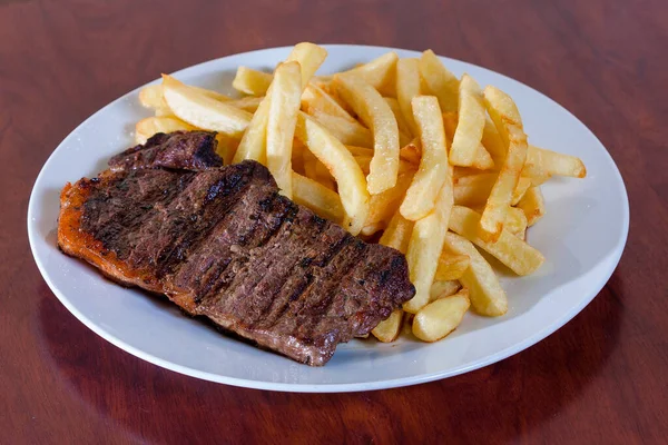 Grilled Steak French Fries Tomato White Plate — Stock Photo, Image