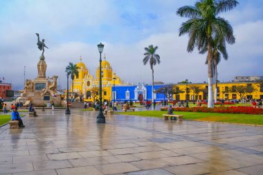 the cathedral of the cathedral of the virgin mary in the plaza de la la square in plaza de Trujillo, peru clipart