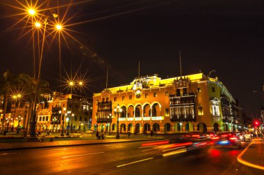 Lima central square, night views. Views, streets and tourist buildings of Lima Peru