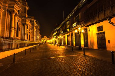 Lima central square, night views. Views, streets and tourist buildings of Lima Peru