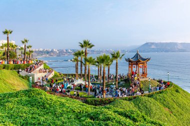 Great chinese park, tourist attraction overlooking the sea in the Malecon of Miraflores, a place of recreation. January 22, 2023, Lima Peru