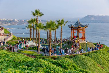 Great chinese park, tourist attraction overlooking the sea in the Malecon of Miraflores, a place of recreation. January 22, 2023, Lima Peru