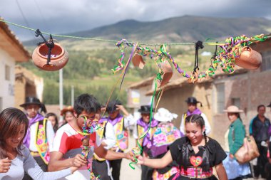 February 13, 2016, Huancayo, Peru. Huaylarsh dancers share and prepare rehearsing for their performance at the carnival competitions in the Mantaro Valley. clipart