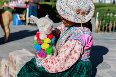 Turistler Colca Vadisi 'ndeki Akbaba' nın bakış açısını ziyaret ediyorlar. Maca meydanında el işi ve alpaka satıyorum. Arequipa Peru