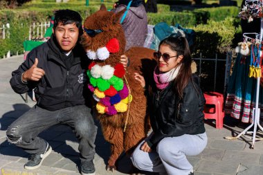 Turistler Colca Vadisi 'ndeki Akbaba' nın bakış açısını ziyaret ediyorlar. Maca meydanında el işi ve alpaka satıyorum. Arequipa Peru