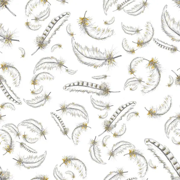 Repeating pattern with ornate feathers, in gold with white background, very stylish and classic, Airy