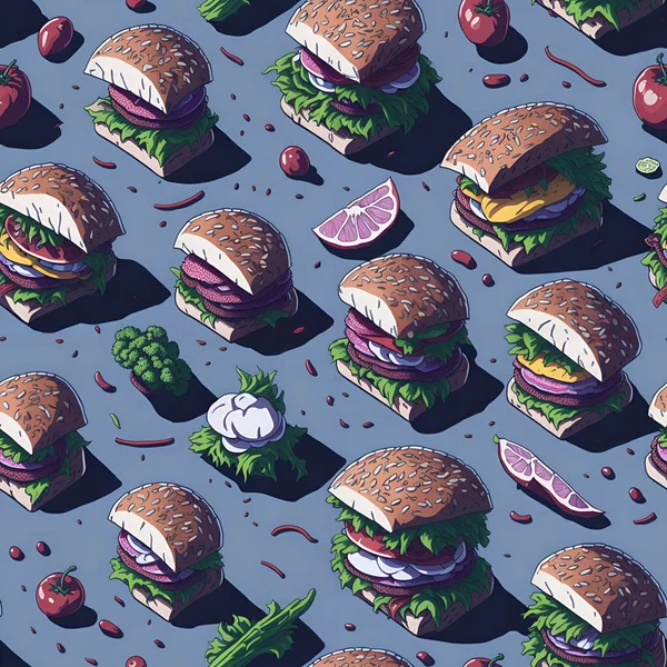Pyszne Pyszne Hamburgery Bezszwowy Wzór Powtarzalna Tekstura Idealny Szybkiego Pakowania — Zdjęcie stockowe