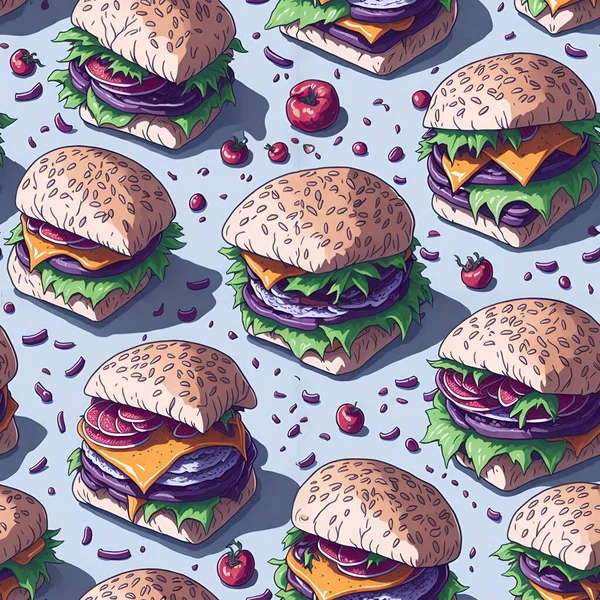 Pyszne Pyszne Hamburgery Bezszwowy Wzór Powtarzalna Tekstura Idealny Szybkiego Pakowania — Zdjęcie stockowe