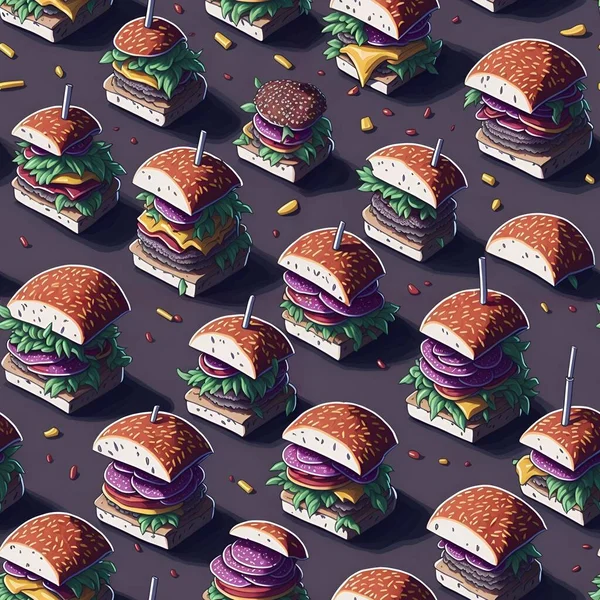 Finom Finom Burgerek Zökkenőmentes Minta Megismételhető Textúra Tökéletes Gyors Élelmiszer — Stock Fotó