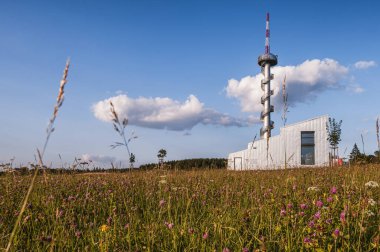 Sibenik Tepesi 'ndeki Gözcü Kulesi, Novy Hradek Köyü yakınlarındaki Kartal (Orlicke) Dağları, Çek Cumhuriyeti. Gözlem kulesinin temelinde asıl rüzgar santrali sütunu kullanıldı.
