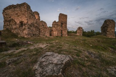 Çek Cumhuriyeti, Avrupa 'daki Brnicko kalesinin kırsal taş kalıntıları. Yeşil çimenler, ortaçağ şatosu mimarisi ve bulutlu gökyüzü. Otlu, gökyüzü ve bulutlu eski bir harabe. Bir harabeye yaz gezisi.