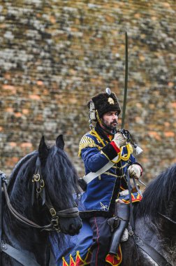 JOSEFOV, CZECH Cumhuriyet, Nisan 01, 2023 - Josefov kalesinin açılışı. 1866 'daki Prusya-Avusturya savaşının gösterimi. Prusyalı Süvariler